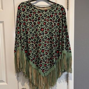 Fringed Leopard Print Sweater - Green and Red
